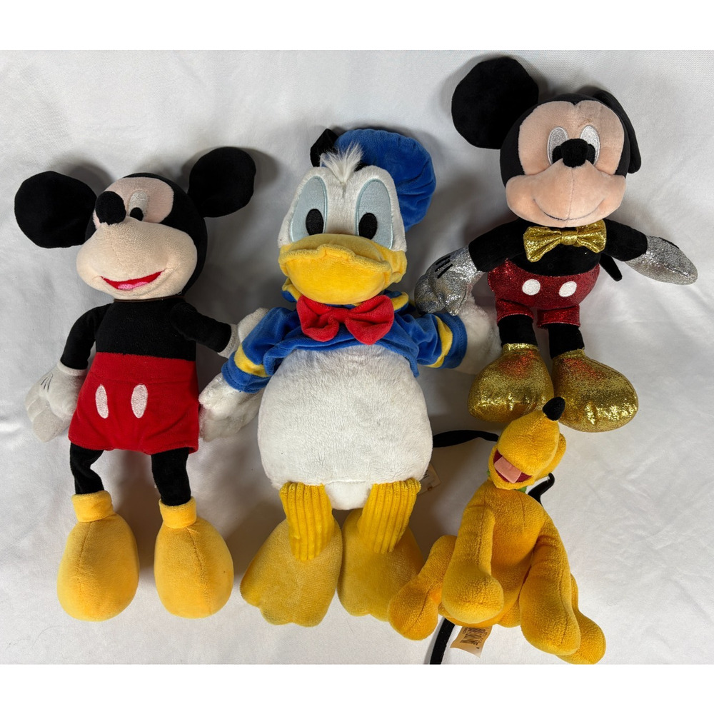Disney Plush Lot Mickey Mouse Donald Duck Pluto Sparkle 4 Pc Set Used